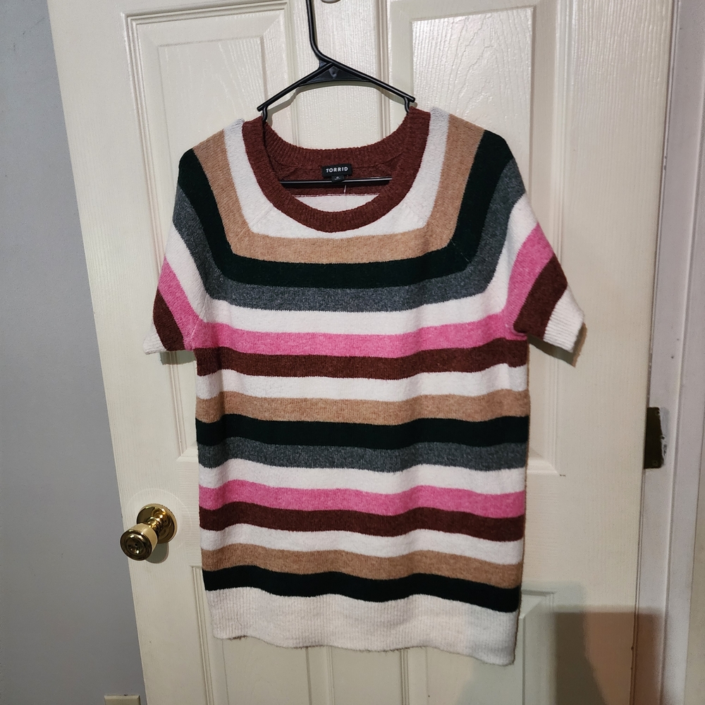Torrid Striped Short Sleeve Sweater - Pink, Brown, Black, White